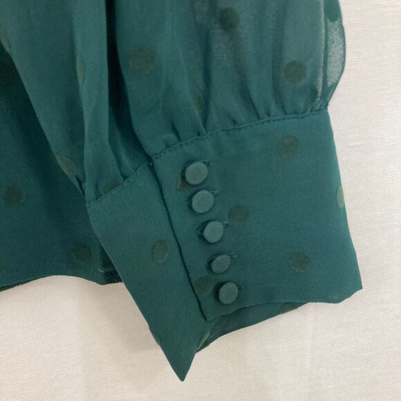 New J. Crew size XL Green V Neck Swiss Dot Long Sleeve Chiffon Blouse Preppy - Picture 11 of 12